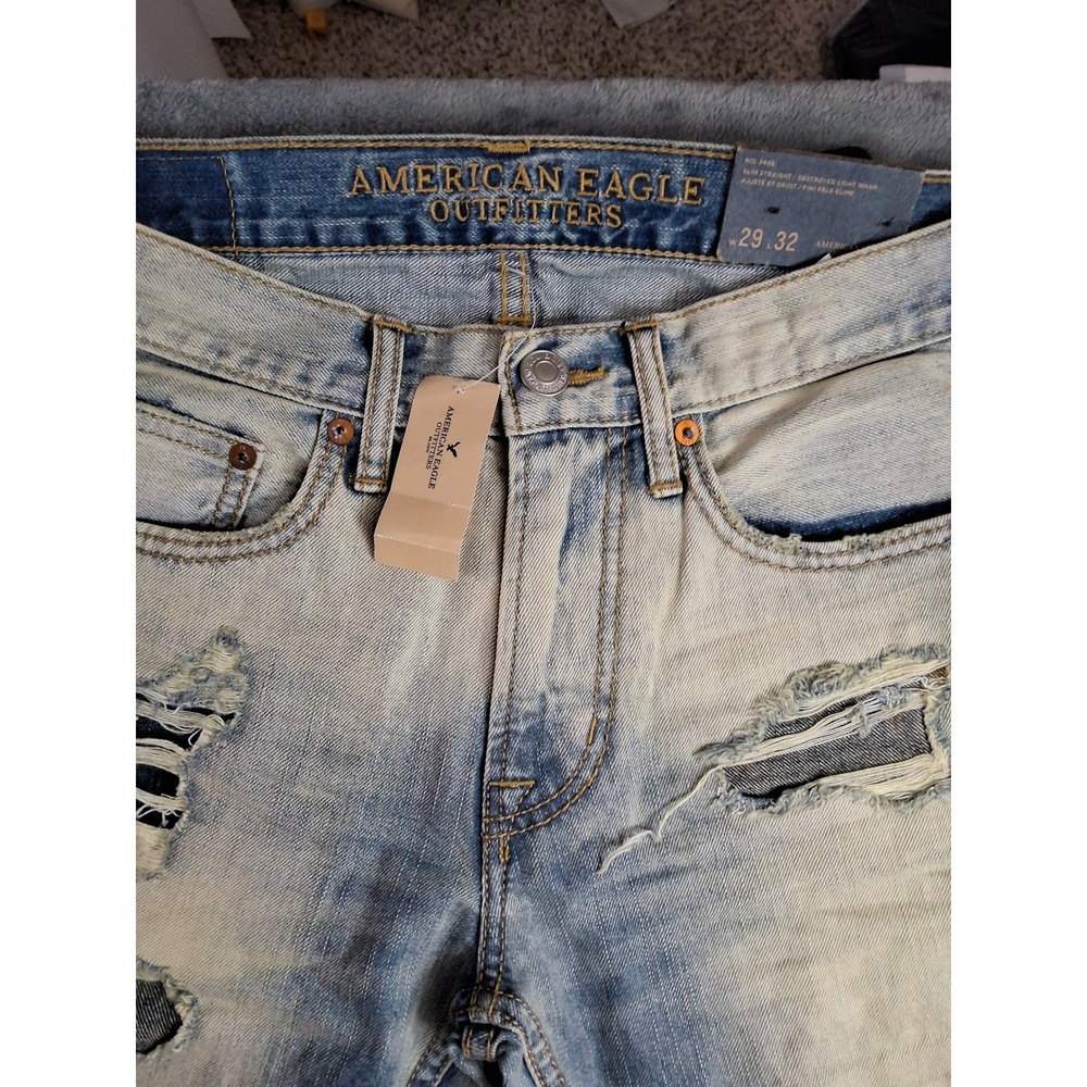 American Eagle Slim Straight Destroyed Light Wash Patched Jeans 29x32 3446-953 - Picture 5 of 16